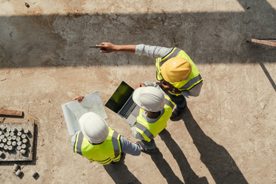three construction workers discussing plans and using a laptop on a construction site in preparation for project completion