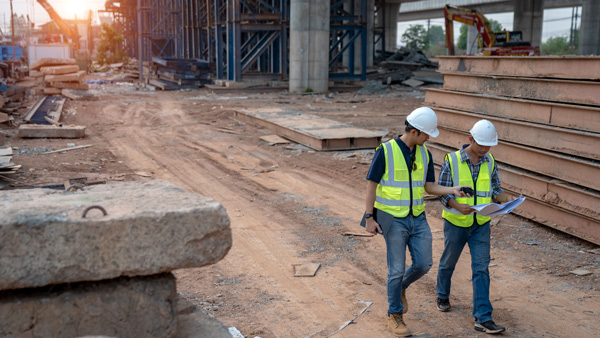 two construction workers wearing helmets and reflective vests walking on a construction site inspecting project plans related to 3D structures and safety