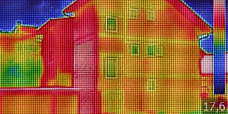 thermal image of a house showing temperature differences demonstrating energy efficiency and insulation performance
