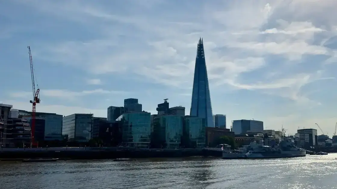 Wide daytime view across the River Thames towards HMS Belfast, the Shard and London's South Bank skyline.