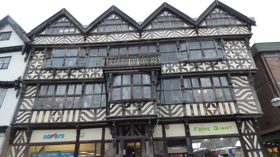 The black-and-white timber frontage of the Ancient High House on Greengate Street in Stafford.