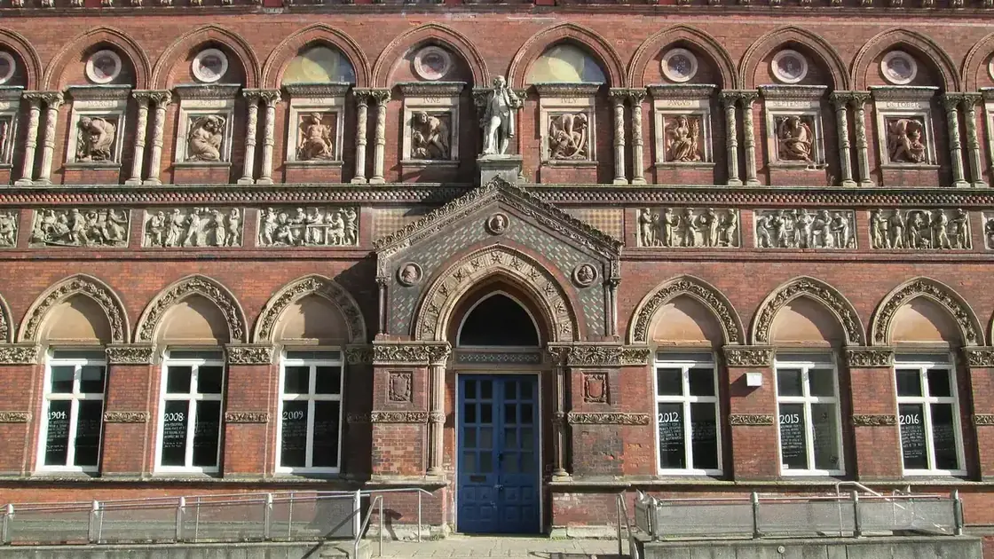 The ornate terracotta and brick frontage of the Wedgwood Institute in Burslem, Stoke-on-Trent.