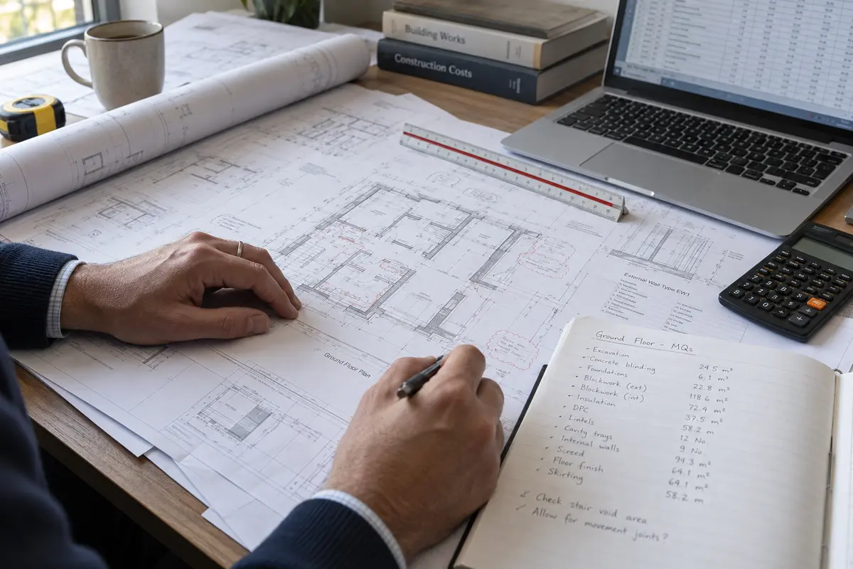 Estimator reviewing measured construction information and tender costs